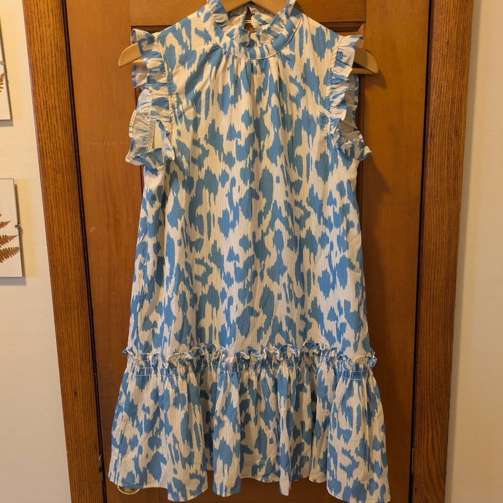 Pinch Tiered Blue and White Ruffle Mini Dress